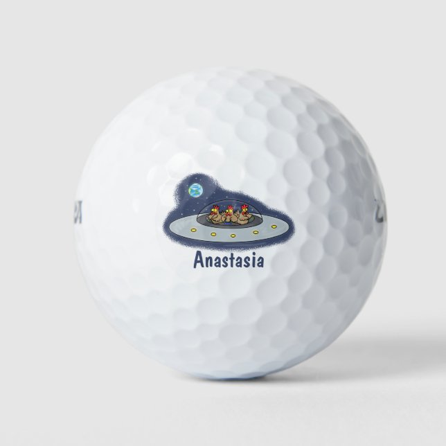 Funny chickens in space cartoon illustration golf balls (Front)