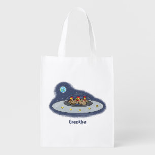 Funny chickens in space cartoon illustration grocery bag