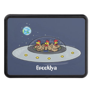 Funny chickens in space cartoon illustration hitch cover