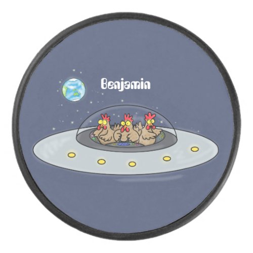 Funny chickens in space cartoon illustration hockey puck