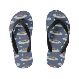 Funny chickens in space cartoon illustration kid's flip flops