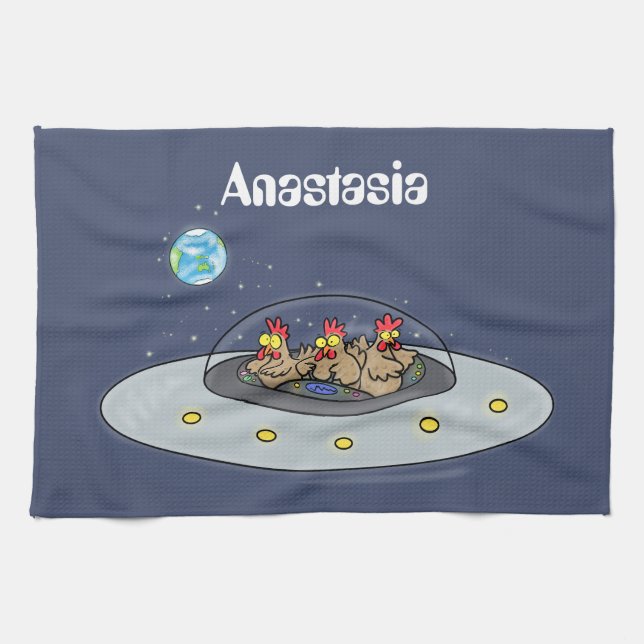 Funny chickens in space cartoon illustration kitchen towel (Horizontal)
