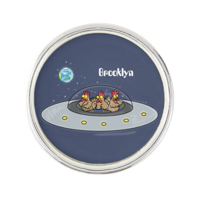 Funny chickens in space cartoon illustration lapel pin (Front)
