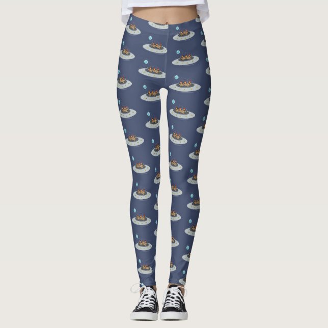 Funny chickens in space cartoon illustration leggings (Front)