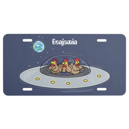 Funny chickens in space cartoon illustration license plate