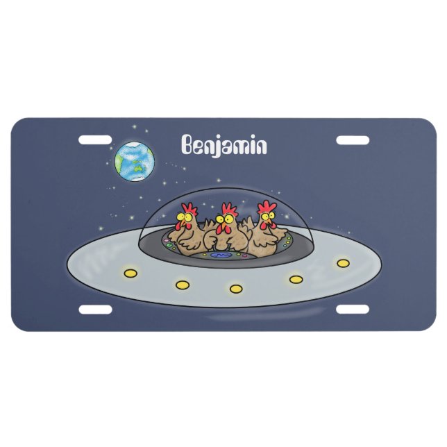 Funny chickens in space cartoon illustration license plate (Front)