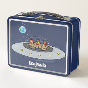 Funny chickens in space cartoon illustration metal lunch box