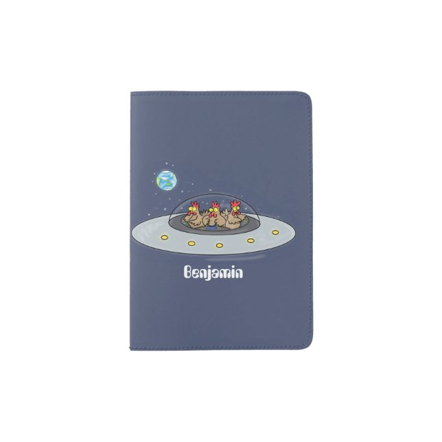 Funny chickens in space cartoon illustration passport holder (Front)