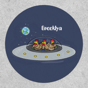 Funny chickens in space cartoon illustration patch