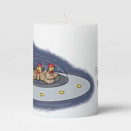 Funny chickens in space cartoon illustration pillar candle