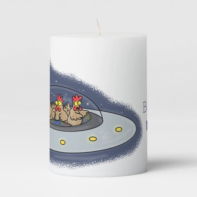 Funny chickens in space cartoon illustration pillar candle (Front)