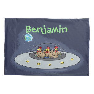 Funny chickens in space cartoon illustration pillow case