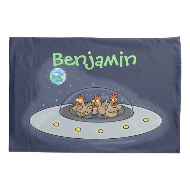 Funny chickens in space cartoon illustration pillow case (Back)