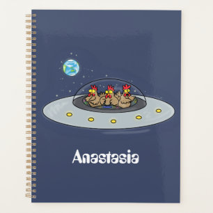 Funny chickens in space cartoon illustration planner