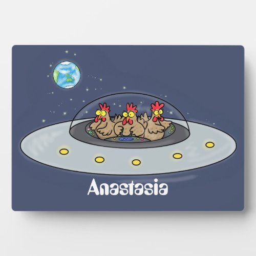 Funny chickens in space cartoon illustration plaque