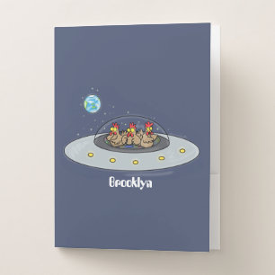 Funny chickens in space cartoon illustration pocket folder