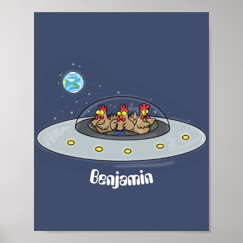 Funny chickens in space cartoon illustration poster