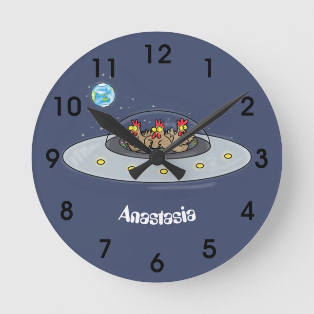 Funny chickens in space cartoon illustration round clock (Front)