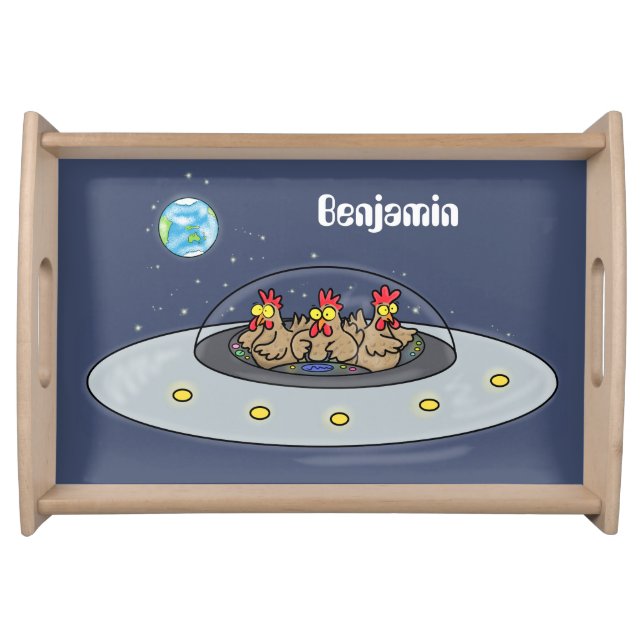 Funny chickens in space cartoon illustration serving tray (Front)