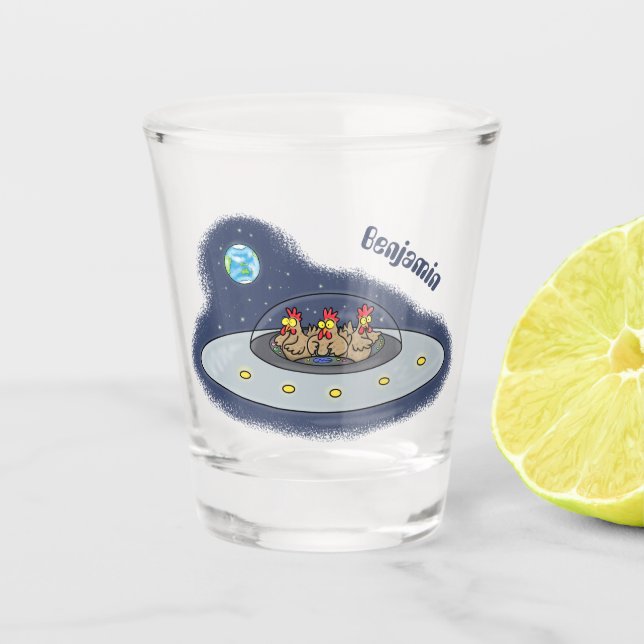 Funny chickens in space cartoon illustration shot glass (Front)