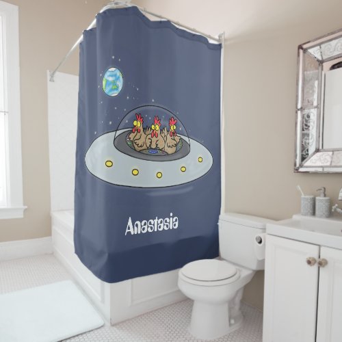 Funny chickens in space cartoon illustration shower curtain