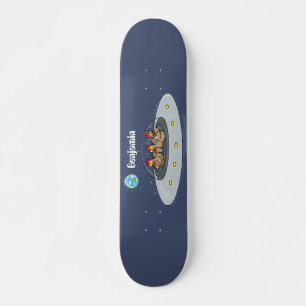 Funny chickens in space cartoon illustration skateboard