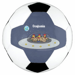 Funny chickens in space cartoon illustration soccer ball