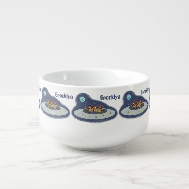 Funny chickens in space cartoon illustration soup mug (Front)