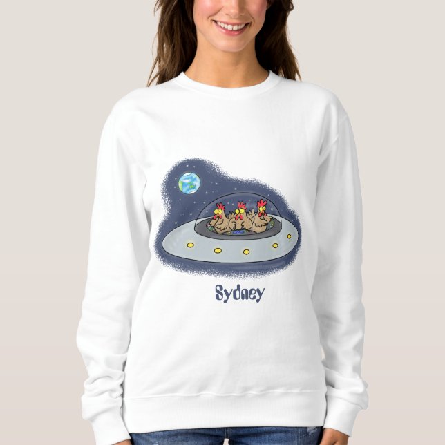Funny chickens in space cartoon illustration sweatshirt (Front)