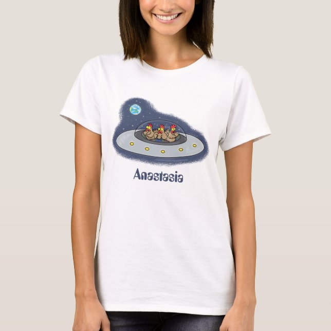 Funny chickens in space cartoon illustration T-Shirt (Front)