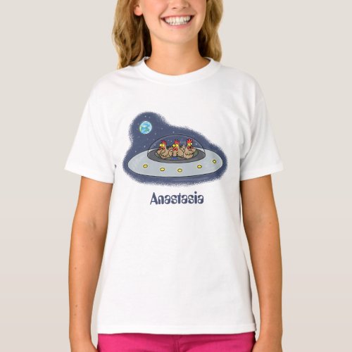 Funny chickens in space cartoon illustration T_Shirt