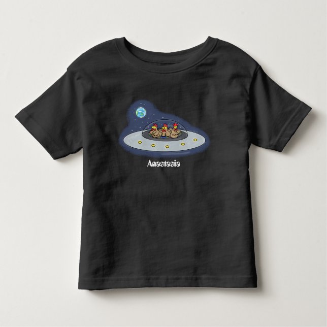 Funny chickens in space cartoon illustration toddler t-shirt (Front)