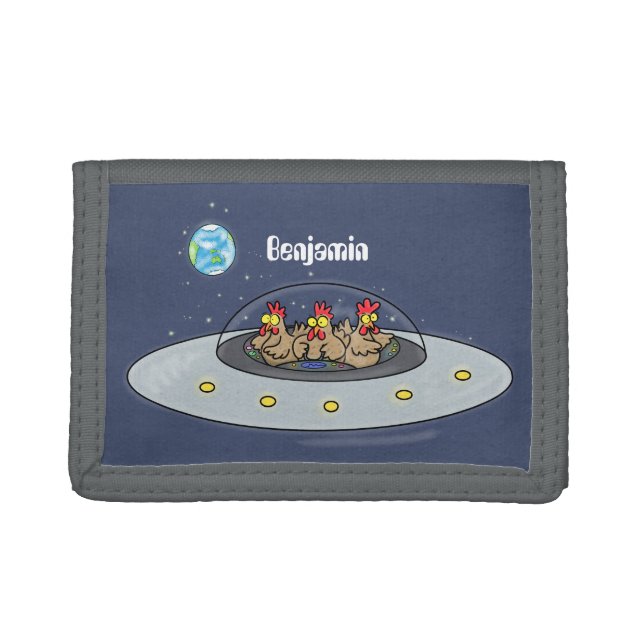Funny chickens in space cartoon illustration trifold wallet (Front)