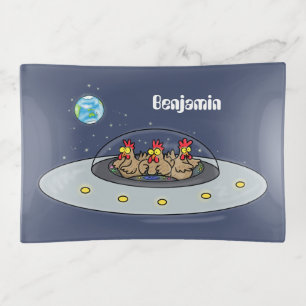 Funny chickens in space cartoon illustration trinket tray