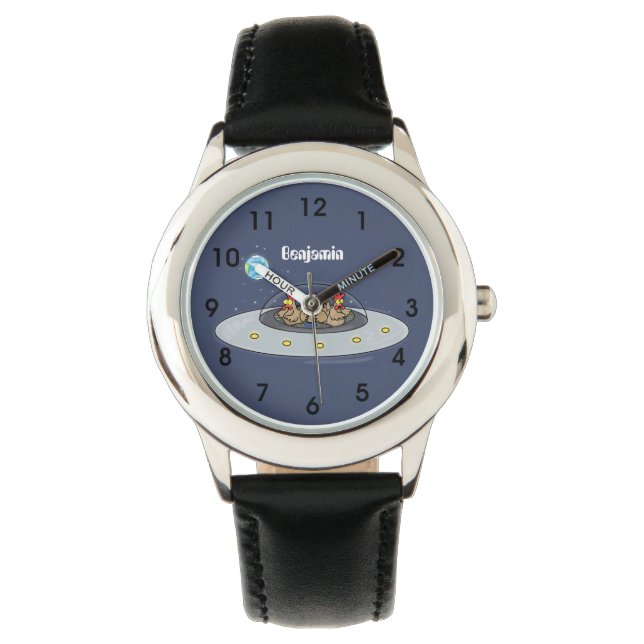 Funny chickens in space cartoon illustration  watch (Front)