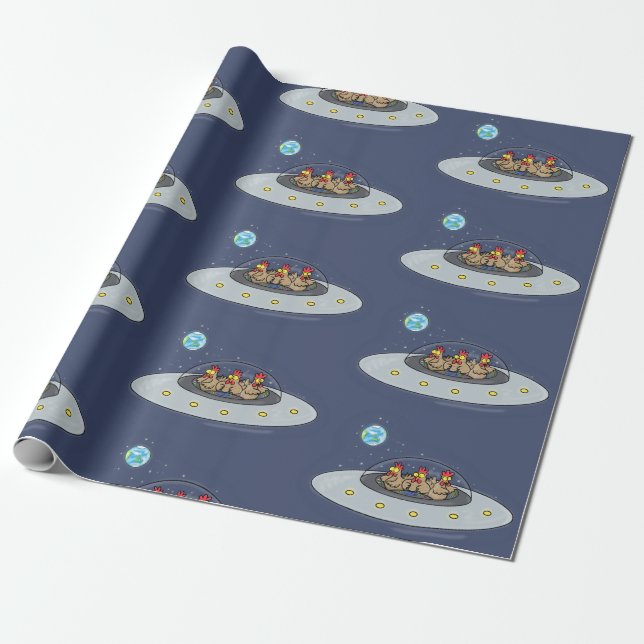 Funny chickens in space cartoon illustration wrapping paper (Unrolled)