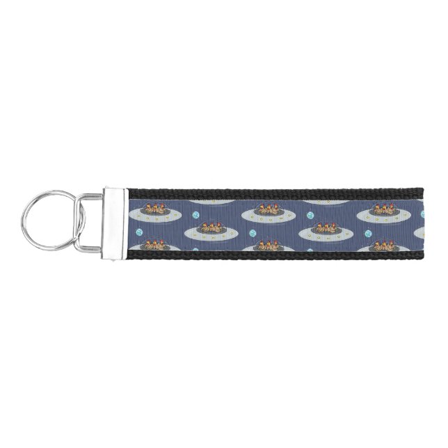 Funny chickens in space cartoon illustration wrist keychain (Keys on Left)