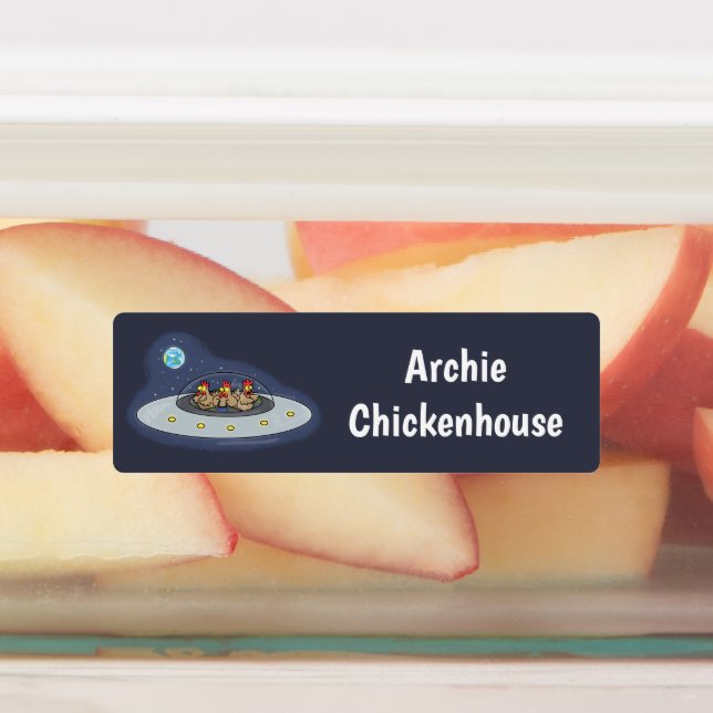 Funny chickens in space cartoon personalized labels (Affixed)