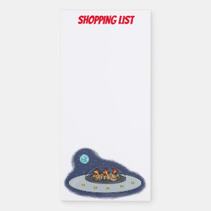 Funny chickens in space ship cartoon illustration magnetic notepad