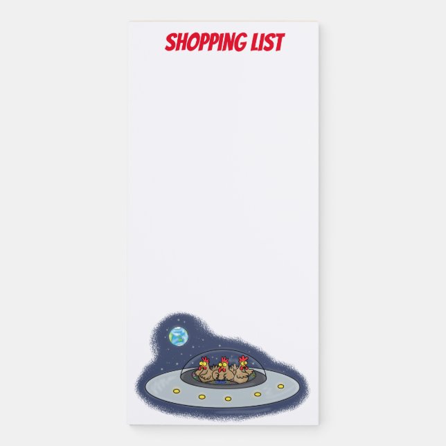 Funny chickens in space ship cartoon illustration magnetic notepad (Front)