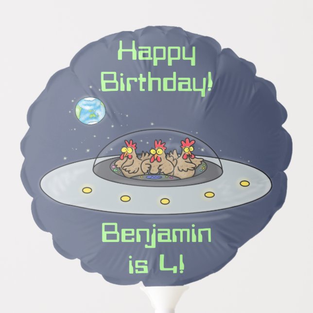 Funny chickens in spaceship cartoon balloon (Front)