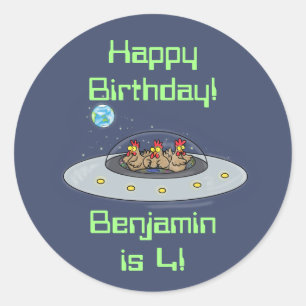 Funny chickens in spaceship cartoon classic round sticker