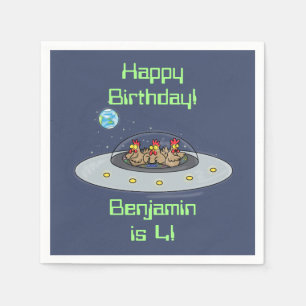 Funny chickens in spaceship cartoon napkins