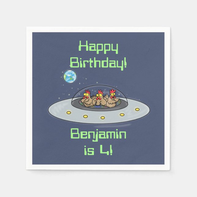 Funny chickens in spaceship cartoon napkins (Front)