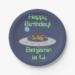 Funny chickens in spaceship cartoon paper plates