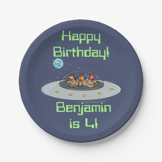 Funny chickens in spaceship cartoon paper plates (Front)