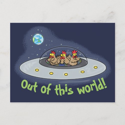 Funny chickens in spaceship cartoon postcard