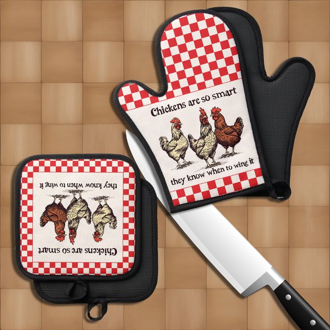 Funny Chickens Know When to Wing it Quote Oven Mitt & Pot Holder Set (Creator Uploaded)
