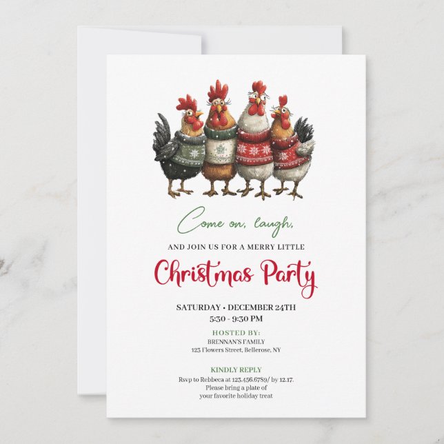 Funny Chickens Minimalist Red Green Holiday Invite (Front)