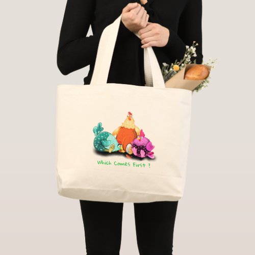 Funny Chickens Waiting Egg To Hatch _ Custom Text  Large Tote Bag